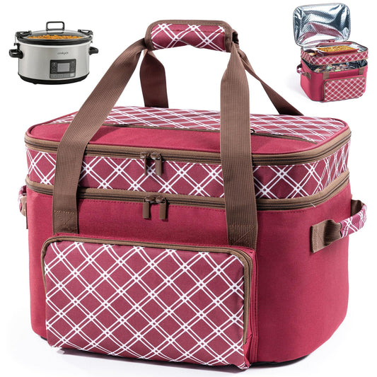 Double Layer Slow Cooker Carrier Bag – Fits 6–8 Qt Oval Slow Cooker Compatible with CrockPot & Hamilton Beach | Insulated Travel Tote with Utensil Storage & Adjustable Straps