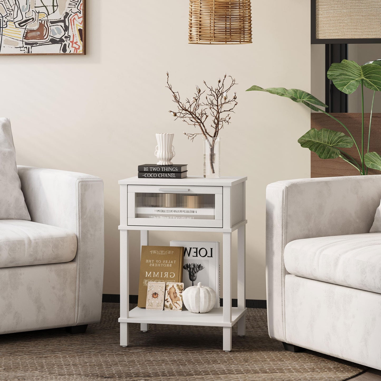 Nightstand Wooden Bedside Table with Drawer White Night Stands Modern Style Small End Table Side Table with Storage Shelf for Bedroom Living Room MLBZ10W