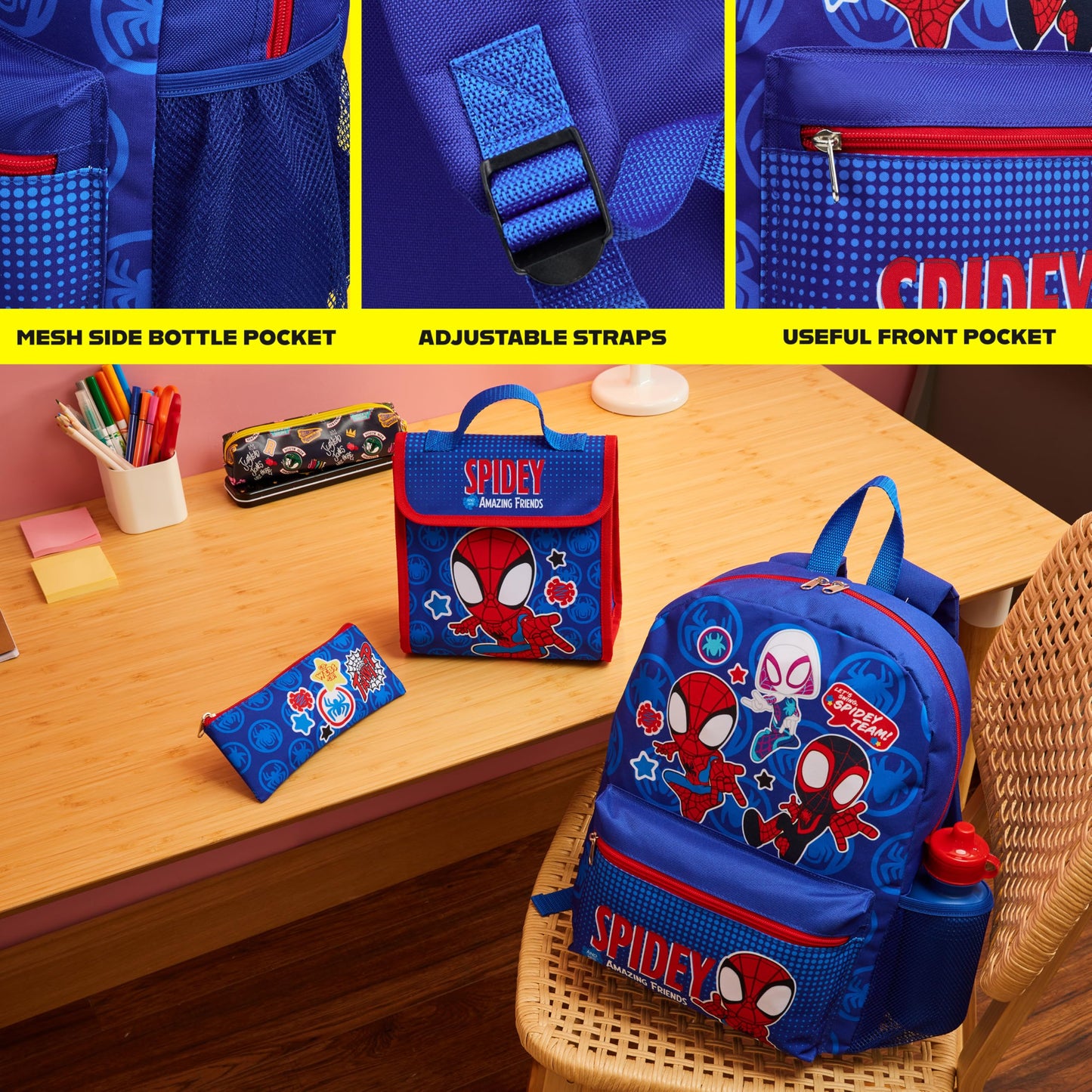 Marvel Spiderman Backpack Set 4 Pcs Water Bottle Pencil Case Lunch Bag or Wallet Key Ring School Supplies Gifts for Kids (Spidey)