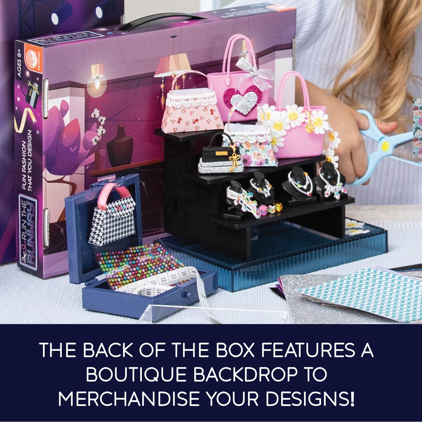 MindWare Run The Runway: Accessories – Fashion Design Kit for Creating Mini Handbags, Clutches, Necklaces & Bracelets – No‑Sew Craft Kit with 350+ Trims, Ribbons, Patterns & Display Stand – Ages 8+