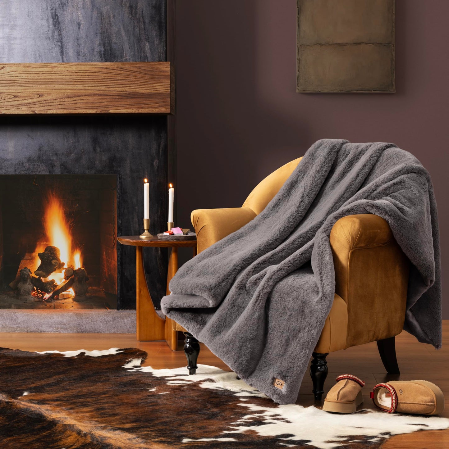 UGG Euphoria Faux Fur Throw Blanket, Oversized Soft Throw for Bed or Couch, Luxury Bedroom Decor, Plush Blankets, Machine Washable, 50-inch x 70-inch, Charcoal Grey