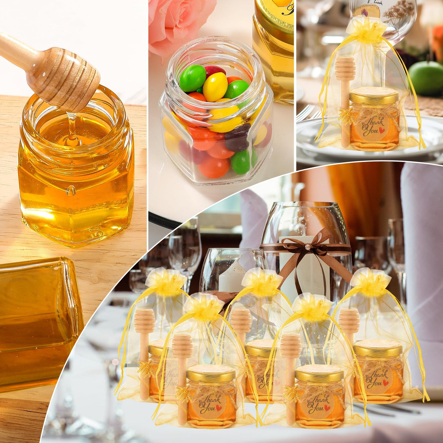 60 Pack Mini Glass Honey Jars Party Favors,1.5 oz Small Hexagon Glass Honey Jars with Dippers,Lids,Gold Bags,Bee Charms,Thank You Cards,Jute,Cute Stickers for Baby Shower Favors,Wedding party gift