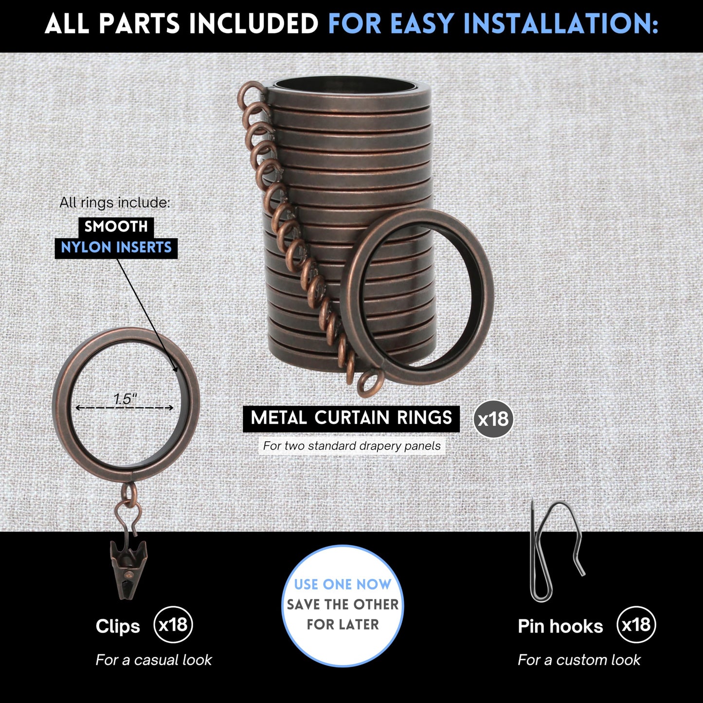 BlastHome® Luxury Curtain Rings - Premium Metal - Quiet, Smooth, Removable Nylon Inserts - Pinhooks & Clips Included - 1 1/2" Inside Diameter - 18 Rings for Two Standard Curtains - Oil Rubbed Bronze