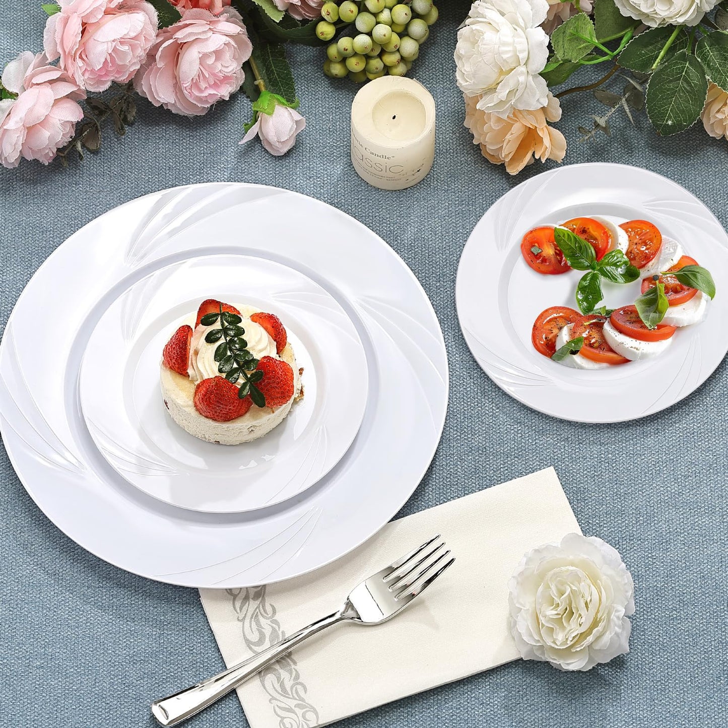 VajilaPhil 350-Piece White Swirls Plastic Dinnerware Set for 50 Guests, Elegant Disposable Dinnerware for Party, Wedding. Includes 10.25" Dinner Plates, 6.5" Dessert Plates, Silverware, Napkins, Cups