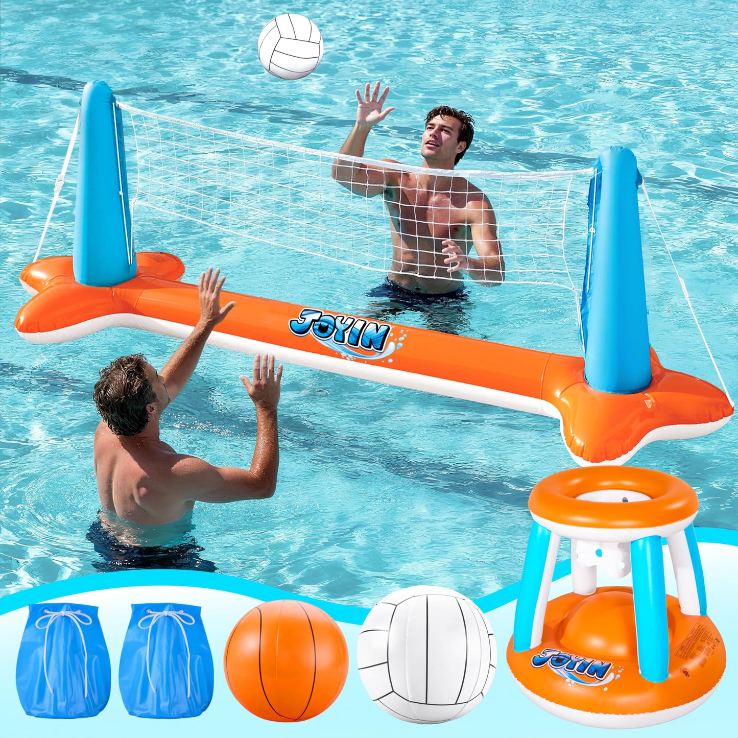 JOYIN Inflatable Pool Float Set Volleyball Net & Basketball Hoops; Balls Included for Kids and Adults Swimming Game Toy, Floating, Summer Floaties