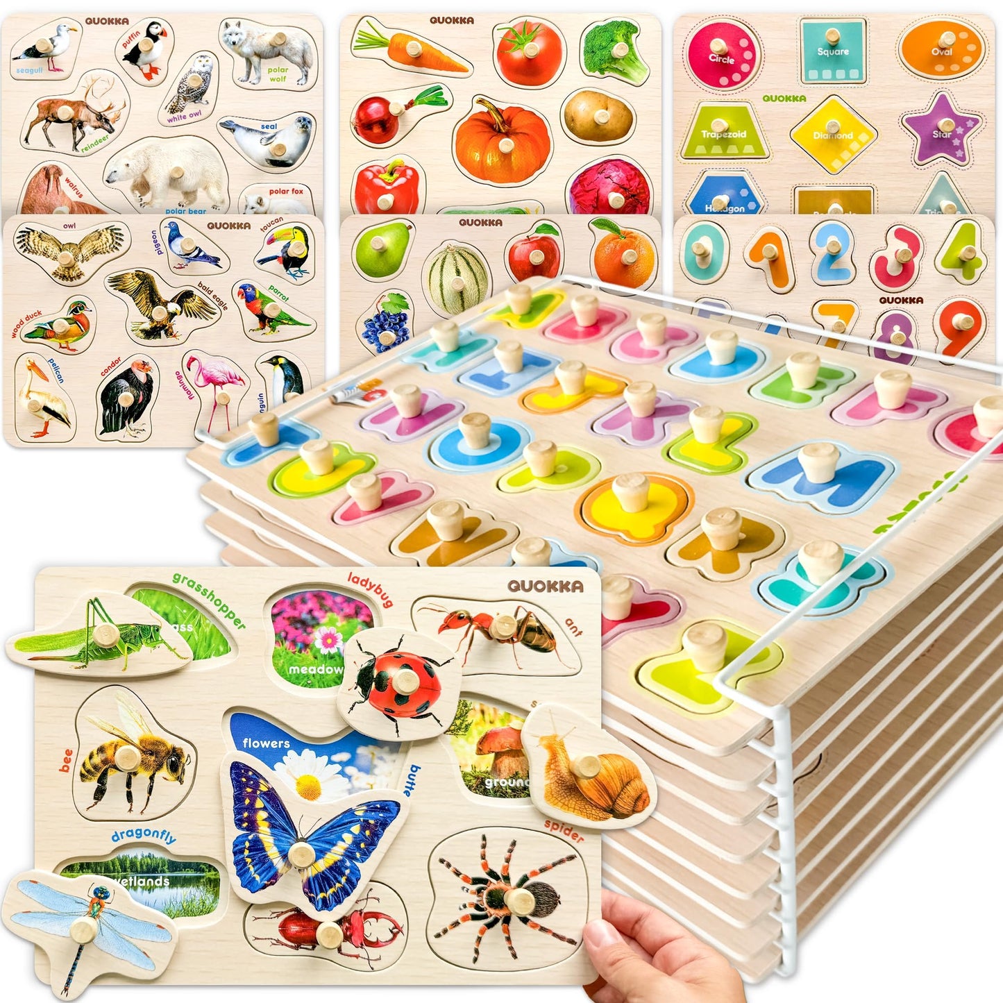 QUOKKA Wooden Puzzles for Toddlers 1-3 - 8XSET Toddler Puzzles Ages 2-4 with Rack - Learning Alphabet, Numbers and Animals Toy Puzzles for Toddlers 3-5 - Wood Games Gift for Boys and Girls