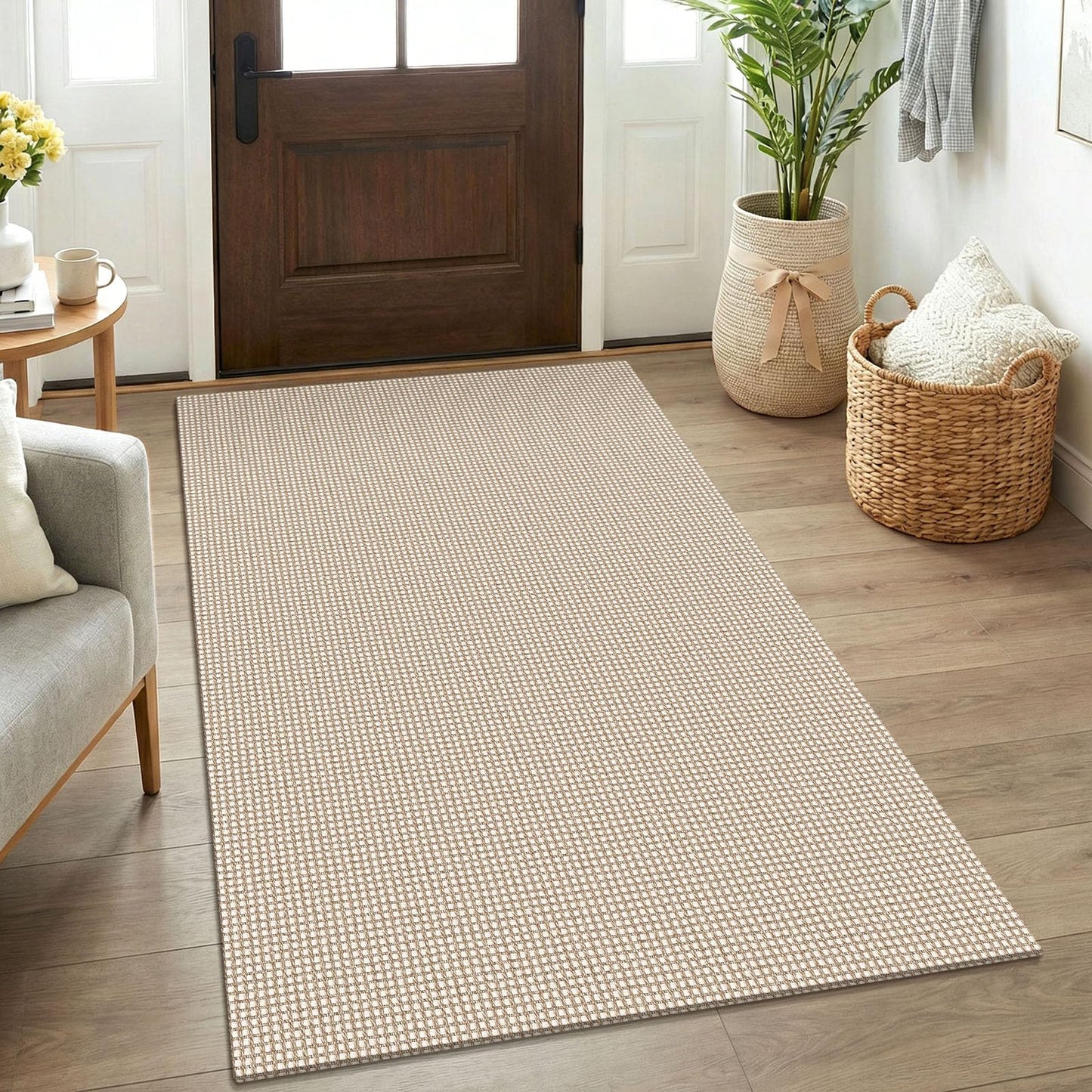 KOZYFLY Rugs for Entryway 3x5 ft Washable Area Rug Non Slip Rubber Backed Entry Rug Woven Indoor Door Mat Cotton Kitchen Rugs for Entryway, Foyer, Backdoor, Ivory/Camel/Brown