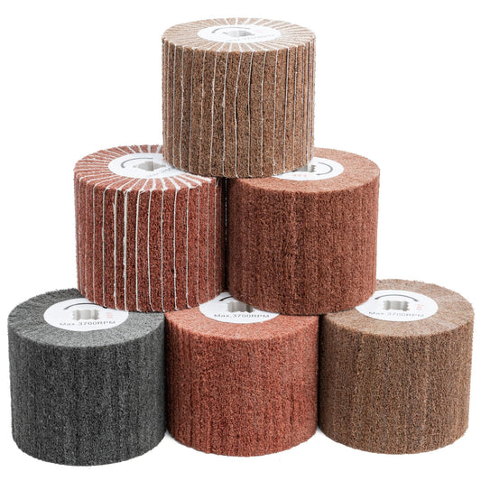 6 Pcs Non-Woven Wire Drawing Flap Wheel for Polishing Burnishing Wheels, 120x100mm 240/240SP/320/320SP/400/600 Grit for Stainless Steel, Copper and Surface Conditioning Wheel