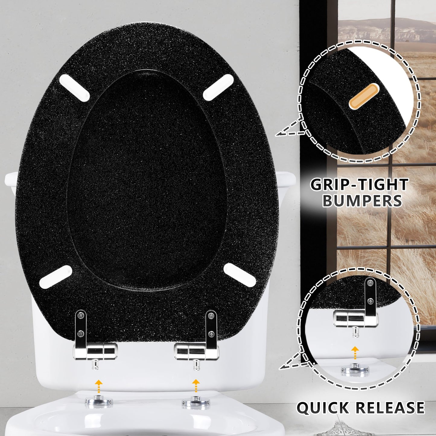 Angol Shiold Glitter Toilet Seat Molded Wood Elongated Toilet Seat with Quietly Close and Quick Release Hinges, Easy to Install also Easy to Clean (Elongated 18.5'', Black)