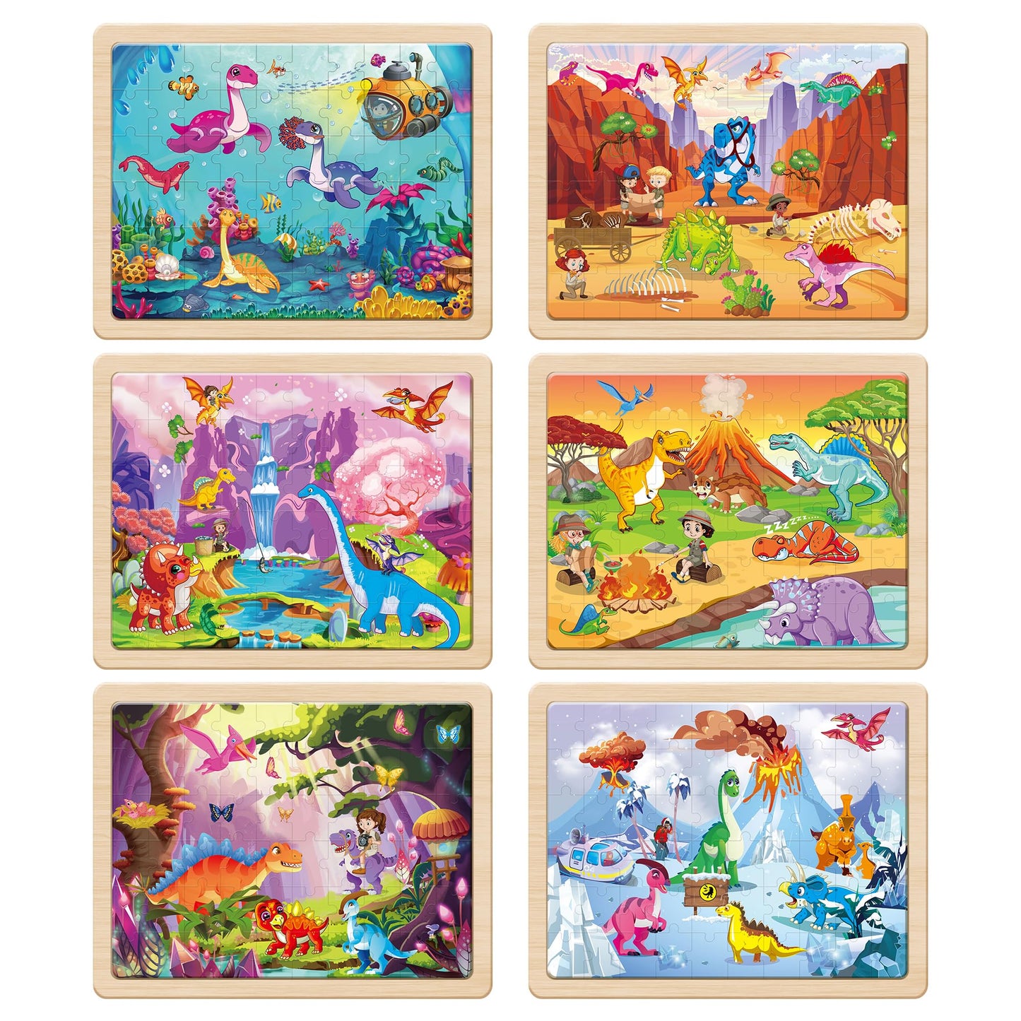 SYNARRY Wooden Dnosaurs Puzzles for Kids Ages 4-8, 6 Packs 60 PCs Jigsaw Puzzles for Kids 3-5, Kids Wood Puzzles Educational Toys Gifts Ages 3 4 5 6 7 8 Year Olds Boys Girls