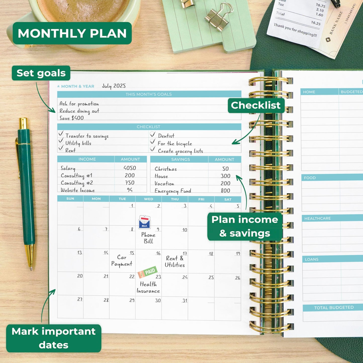 Clever Fox Budget Planner & Monthly Bill Organizer With Pockets. Expense Tracker, Budgeting Journal & Financial Book. Large, 8x9.5" (Dark Green)