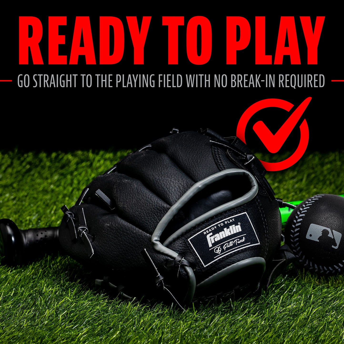 Franklin Sports Tee Ball Glove - RTP Fielding Glove - MLB® Synthetic Leather Baseball Glove - Ready to Play Glove (RTP) - 9.5 Inch Right Hand Throw - MLB® Black with Ball