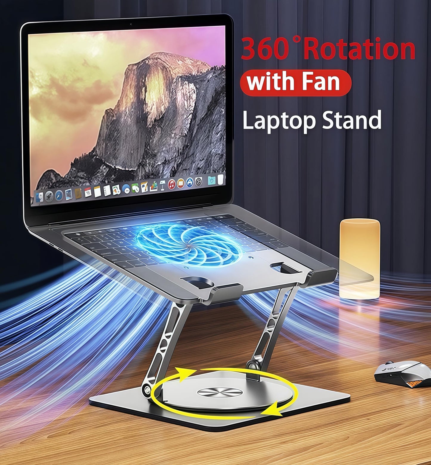 Laptop Stand with Cooling Fan，360°Rotatable Framework，Ergonomic Adjustable Riser for 10-17'' Gaming/Binge-Watching/Office Use - Silver