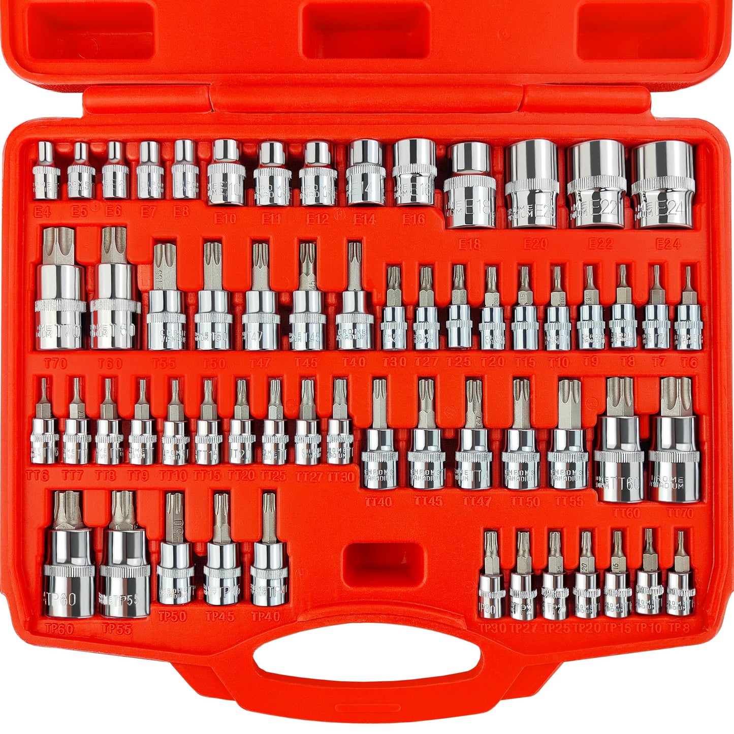 WETT Master Torx Bit Socket and External Torx Socket Set, 60-Piece 1/4", 3/8", 1/2" Drive E-Torx Sockets (E4-E24, T6-T70, TT6-TT70, TP8-TP60), S2 and CR-V Steel