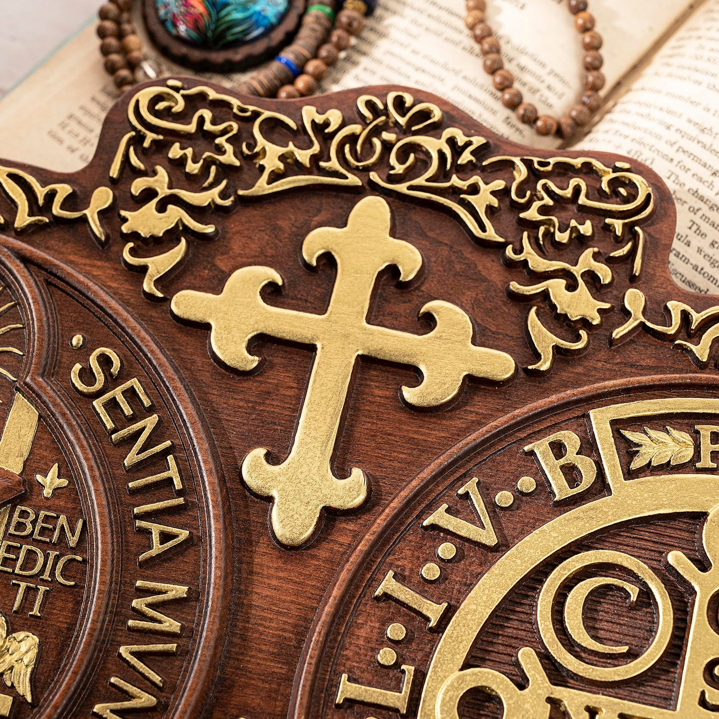 bgcarpenter Wooden Saint Benedict Plaque, St Benedict Medal Wall Decor Wall Art, Handmade Wall Hanging Sign, Religious Wall Plaque for Living Room Bedroom Kitchen - 16 Inch