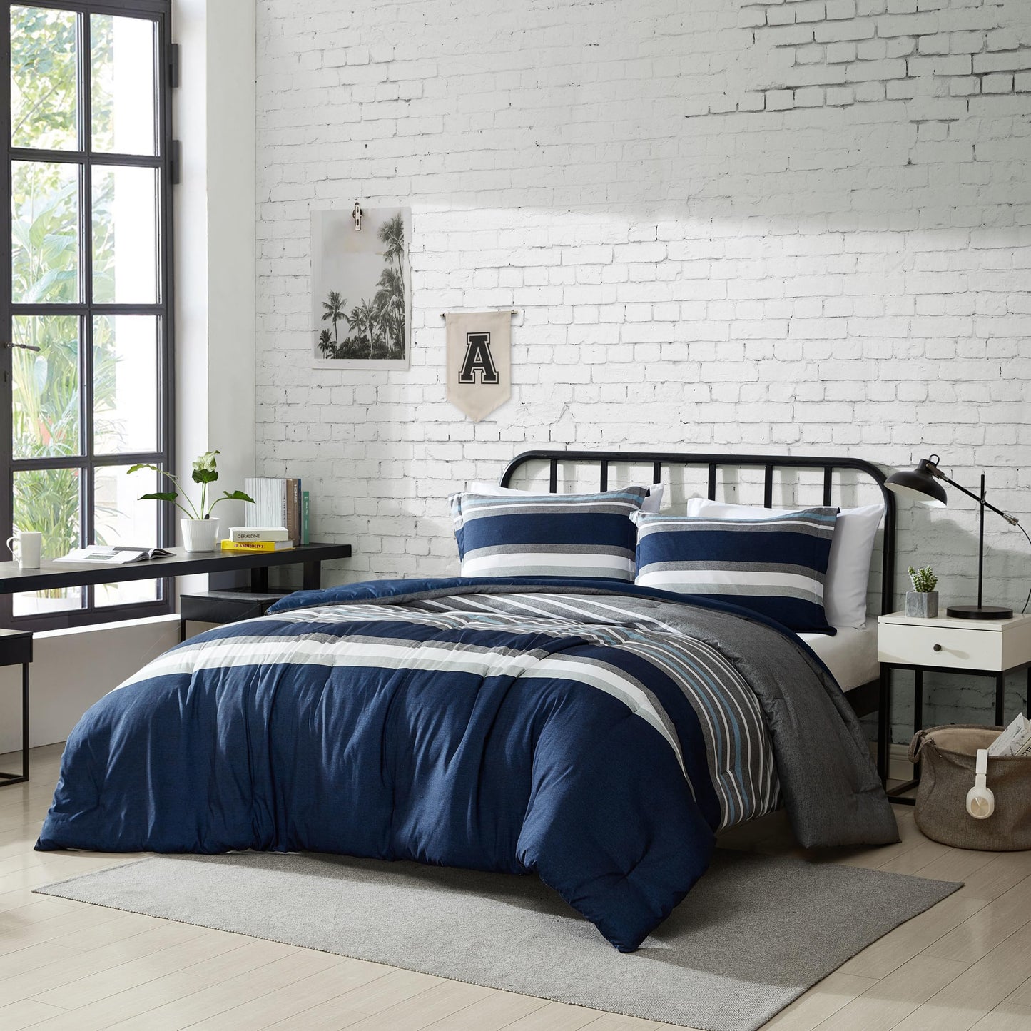 Nautica - Twin/Twin XL Comforter Set, Ultra-Soft Brushed Microfiber Bedding with Matching Sham, Reversible Blue Stripe Design, Medium Weight for Year-Round Comfort (Heathered Block Blue)