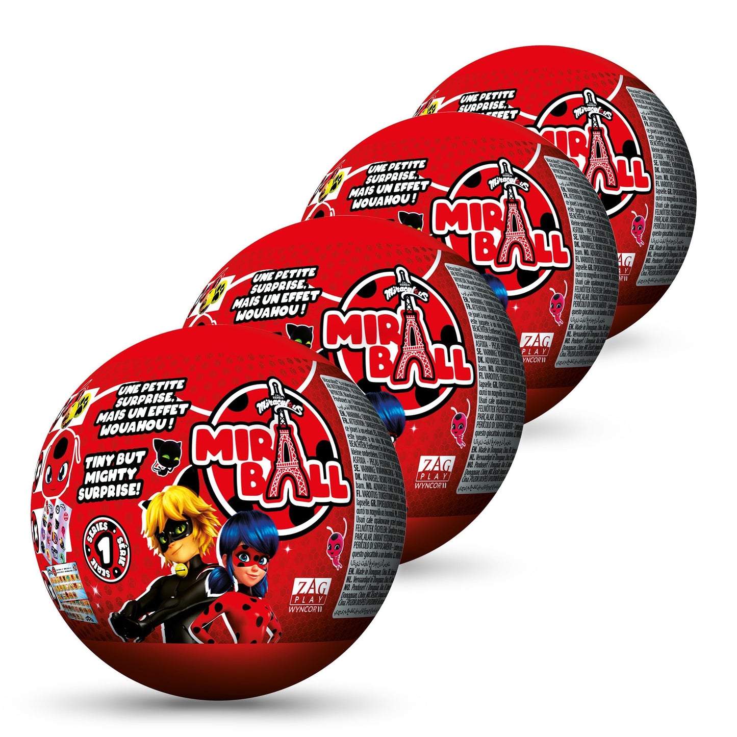 Miraculous Ladybug, 4-1 Capsule Collectible Toy, [PACK OF 4], Surprise Miraball with expanding Plush Kwami, Collectible Character Metal Case, Glittery Stickers & hanging Display Ribbon