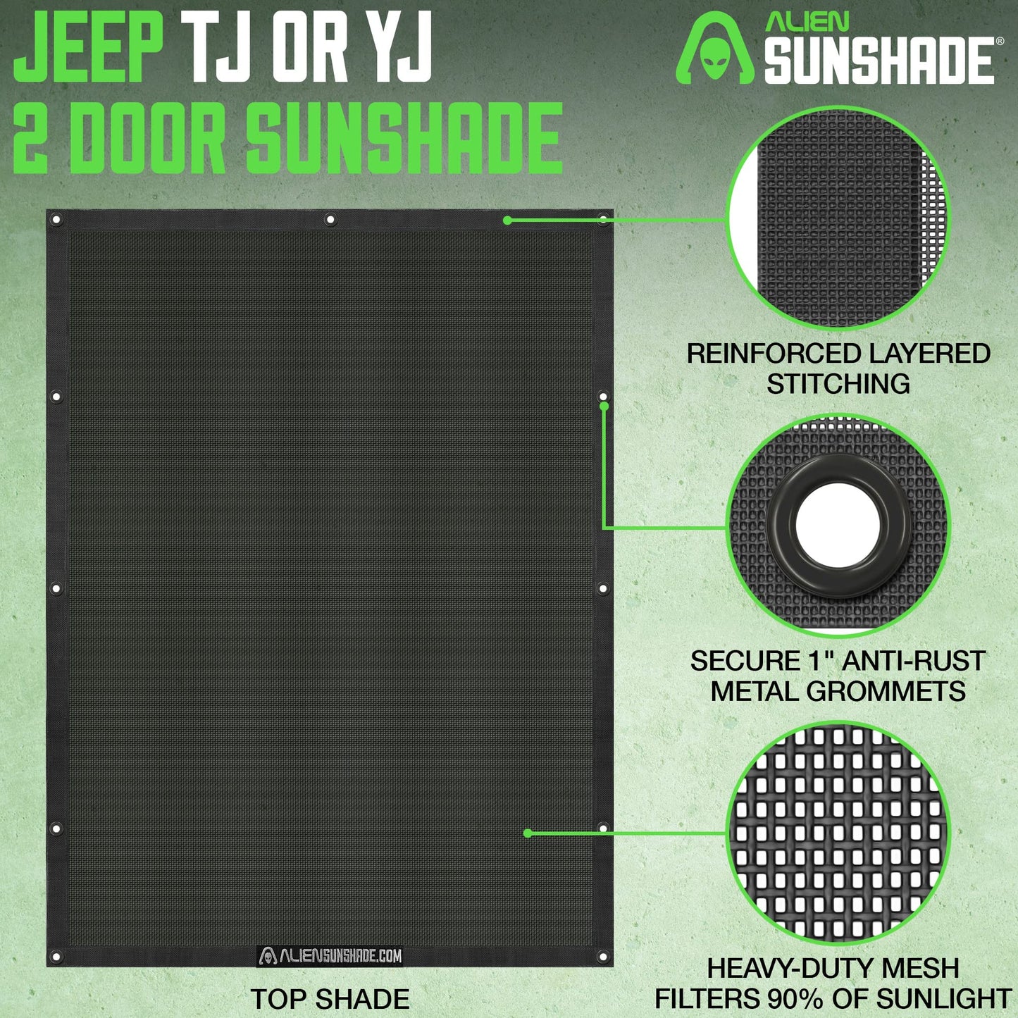 Alien Sunshade Jeep Wrangler TJ Sun Shade (1996-2006) & YJ (1987-1995) Jeep Wrangler Accessories, Full Length Mesh Sun Shade for TJ & YJ 2 Door, Blocks UV, Wind, Noise, Bikini Top Cover (Black)