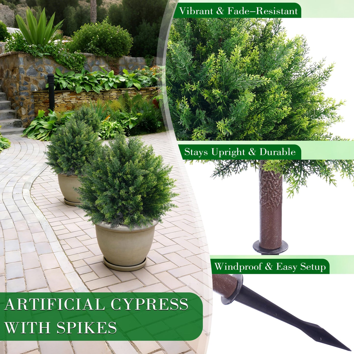 24.8'' Artificial Cedar Topiary Ball Trees, Set of 2 Fake Cypress Bushes Shrubs with Spikes UV Resistant Evergreen Faux Cypress Tree Plants for Planters Front Porch Outside Spring Garden Decor