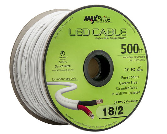 18AWG Low Voltage LED Cable 2 Conductor Jacketed in-Wall Speaker Wire UL Listed Class 2 (500 ft Reel)