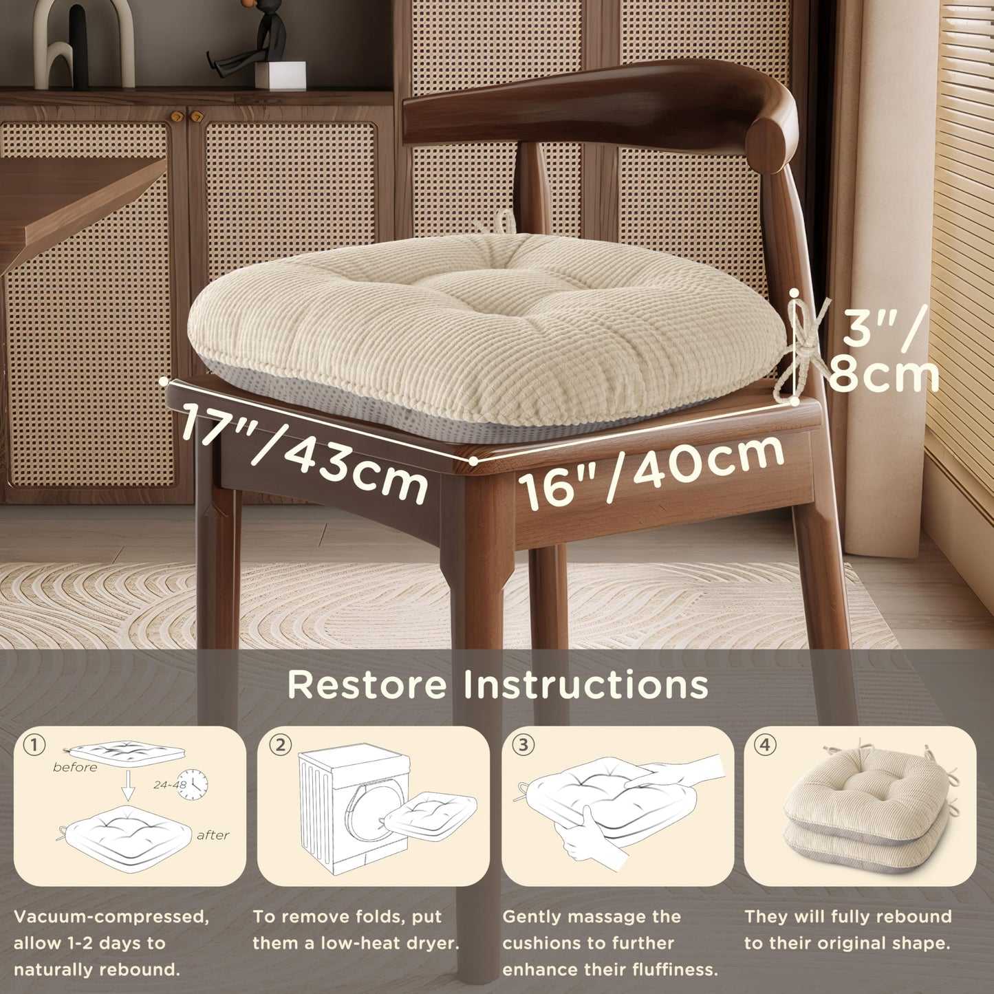 MineCozy Indoor Dining Chair Cushions Set of 6 Kitchen Chair Pads with Ties Tufted Seat Cushion with Anti-Slip Backing 17"X16"X3" Cream