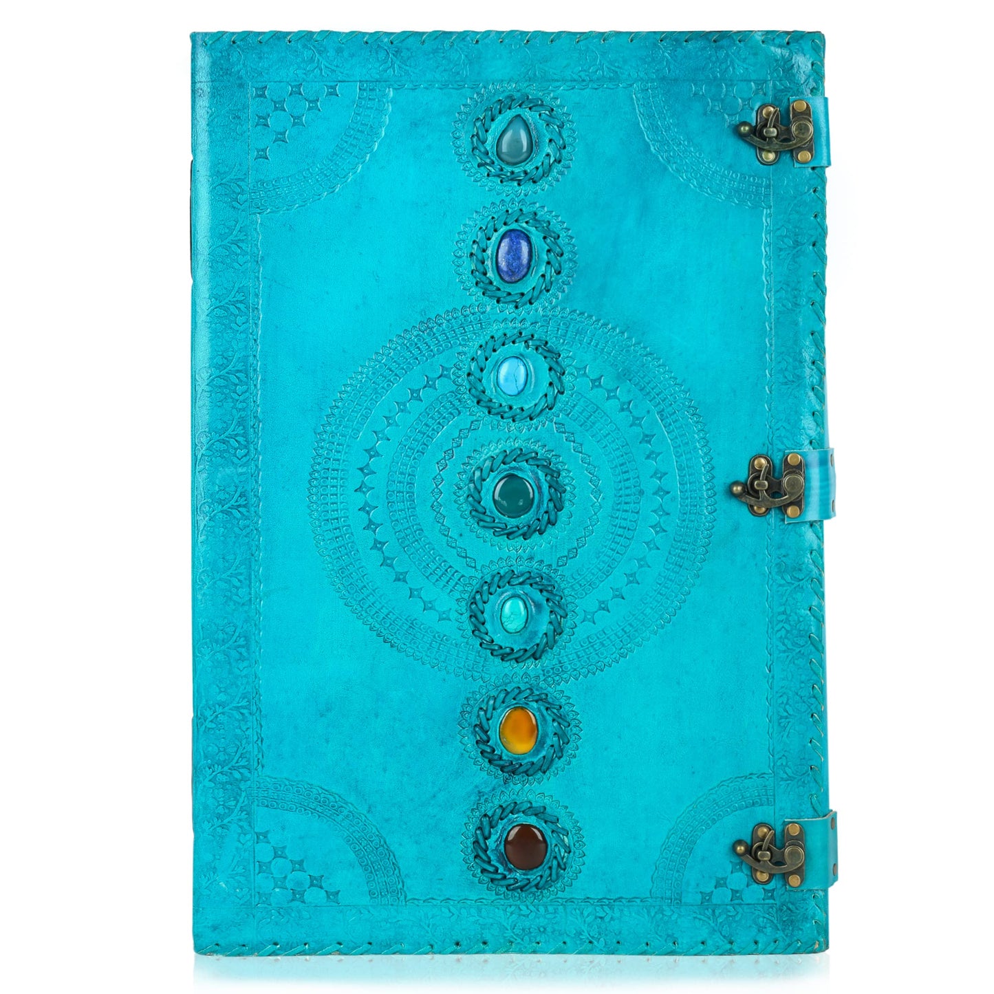 Skyland Seven Chakra Medieval Stone Embossed Handmade Jumbo Leather Journal Book of Shadows Notebook Office Diary College Poetry Sketch 14 x 22 Inches (Ocean Blue)