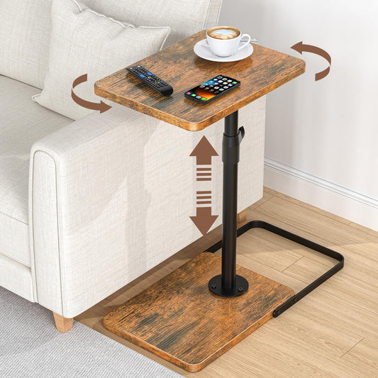 C Table End Table Adjustable Height, 360°Swivel TV Tray Table, Upgraded Metal and Wooden Base to Prevent Slipping, Couch Armrest Table Snack Tables for Laptop Sofa Bed Dinner or Small Space(Brown）
