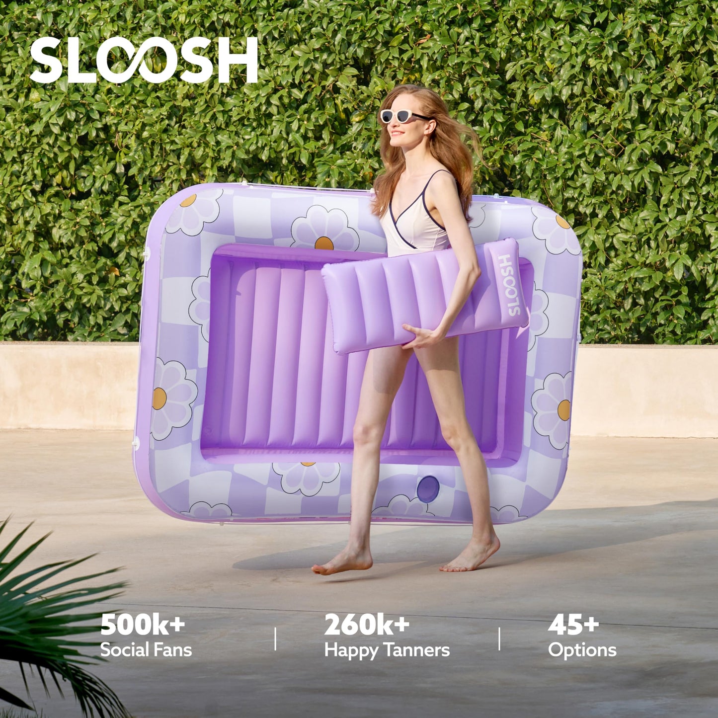 SLOOSH Inflatable Tanning Pool Lounger Float, 70" x 46" Pool Floats Adult with Pillow, 4 in 1 Suntan Tub Raft Floatie,Sunbathing Bed Lounge for Water Blow Up Ball Pit Party Gifts, Purple Chase Flower