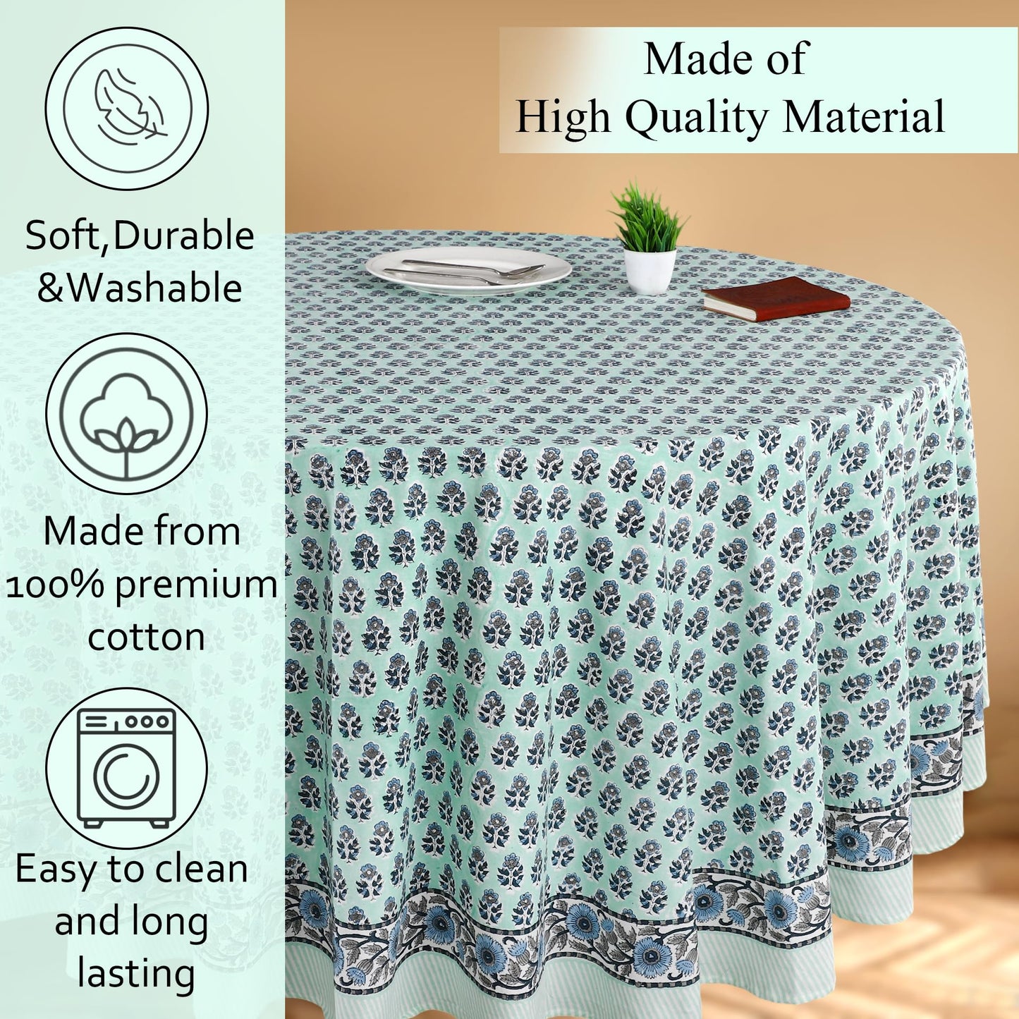 CPC Round Tablecloth- Cotton Indian Block Print Tablecloth -Handmade Printed Washable Cotton Table Cloth - Spring/Summer, Wedding Table Cover - Poppy Blue 90 Inches