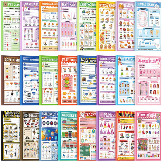 Eaasty Kids Pretend Play Notepads 4 x 6 Inch Pads for Kids 40 Pages Pretend Notebooks Imaginative Role for Toddlers(24 Pack,Mixed)