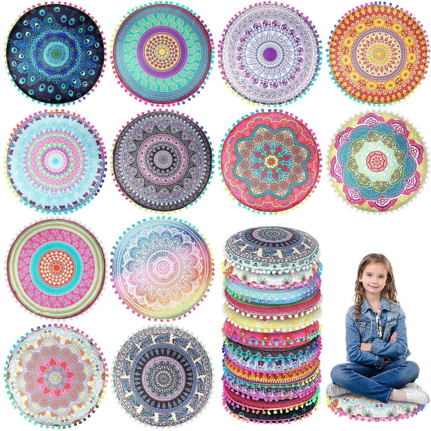 Ganeen 12 Pcs Boho Floor Cushions for Classroom Kids Seating Pillow Flexible Floor Cushions Meditation Pillows for Toddler Sitting at Home School Classroom Kindergarten Daycare Nursery (Round)