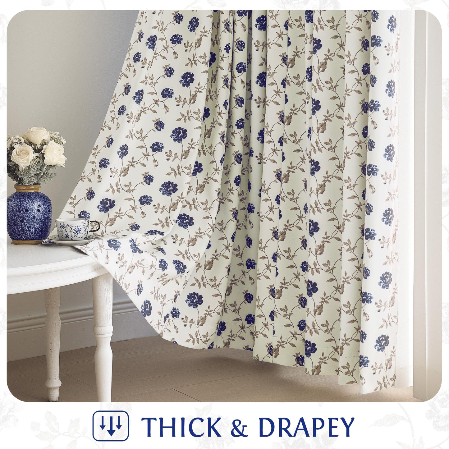 Beauoop Floral 100% Blackout Curtains 84 Inches Long 2 Panels for Bedroom Living Room Blue Brown on Beige Vintage Rose Flower Patterned Room Darkening Thermal Soundproof Grommet Window Drapes, 52X84