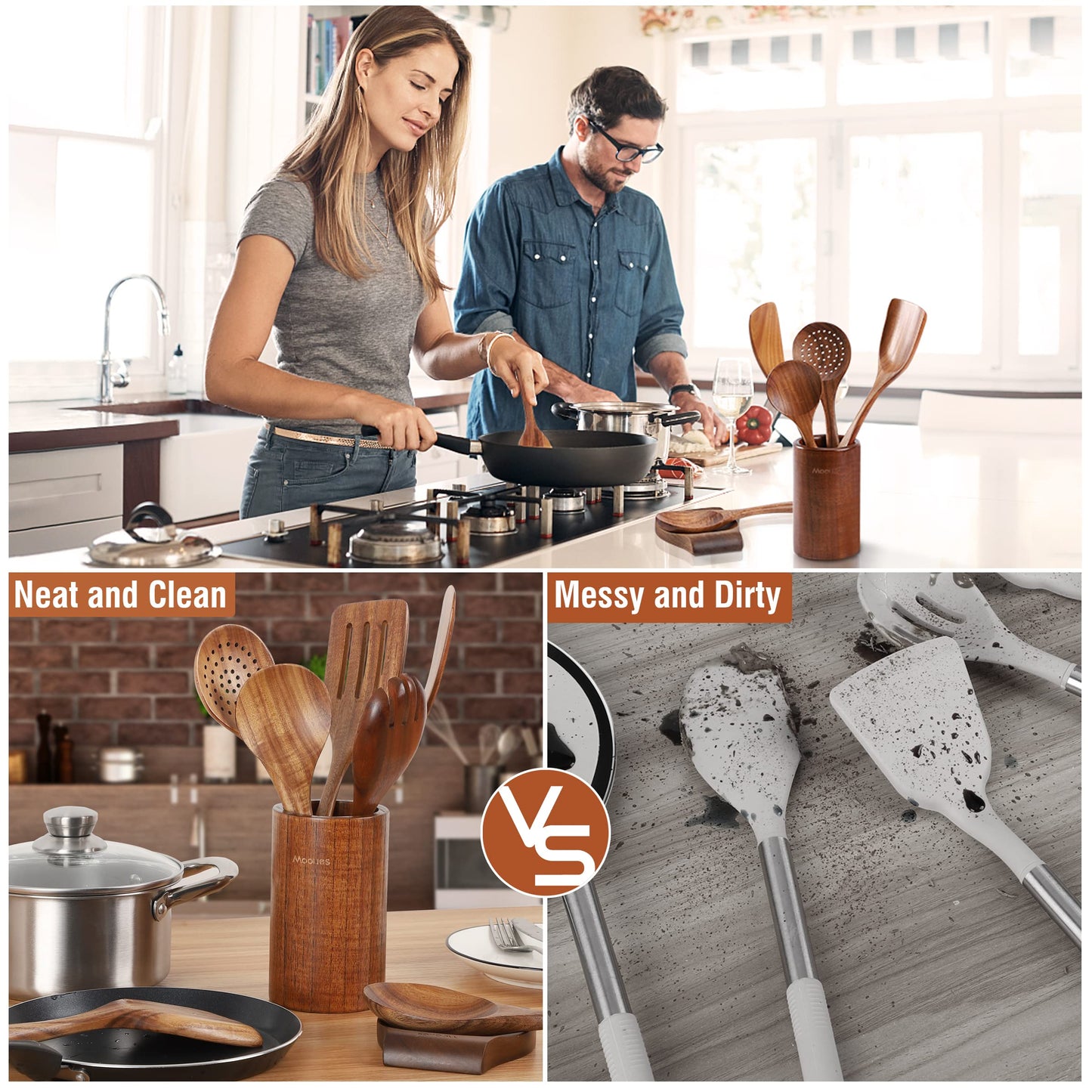 Mooues 12 Piece Wooden Spoons for Cooking, Wooden Utensils for Cooking with Utensils Holder, Natural Teak Wooden Kitchen Utensils Set with Wooden Spoon Rest, Comfort Grip