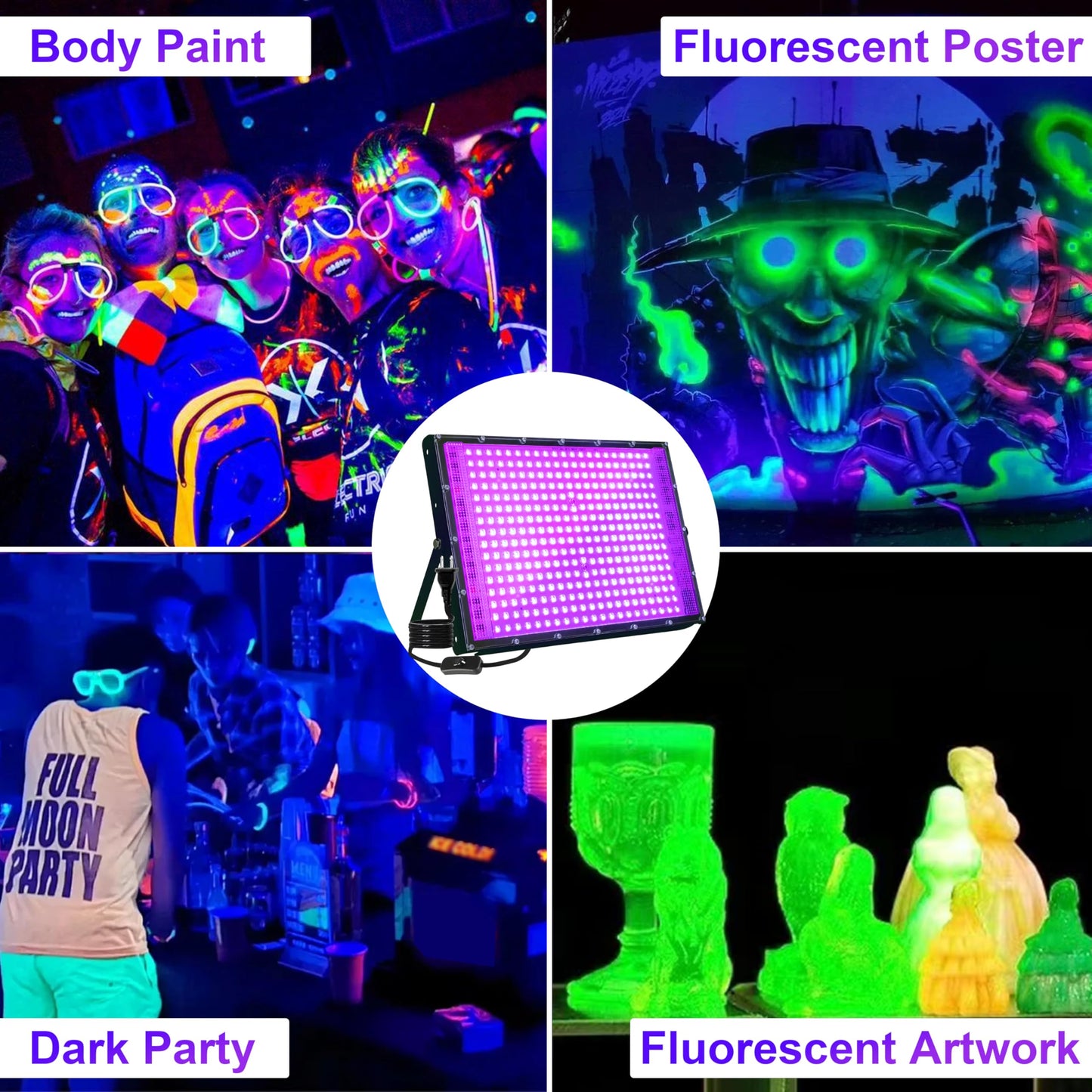 4 Pack 300W Blacklight 336 LEDs, UV Lamp Black Lights for Glow Party, 395nm, IP65 Outdoor Black Light Fixture for Halloween, Glow in The Dark Party, Fluorescent Poster Tapestry, Body Painting