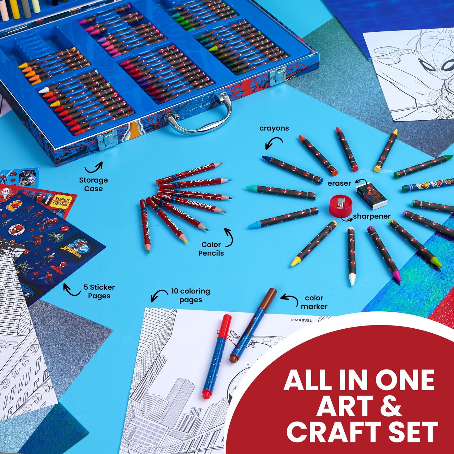 Marvel Avengers Art Set for Kids Colouring Pens Colouring Pencils Crayons 130+ Pieces Spiderman Art Supplies Boys Gifts (Multi Spiderman)