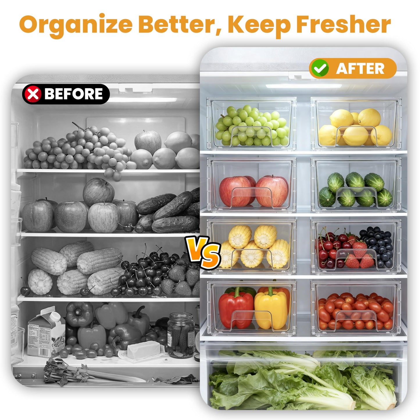 4 Pack Stackable Storage Drawers with Handles, Easy Assembly Clear Acrylic Fridge Organizer, Refrigerator Organizers and Storage for Kitchen, Under Sink, Pantry, Bathroom
