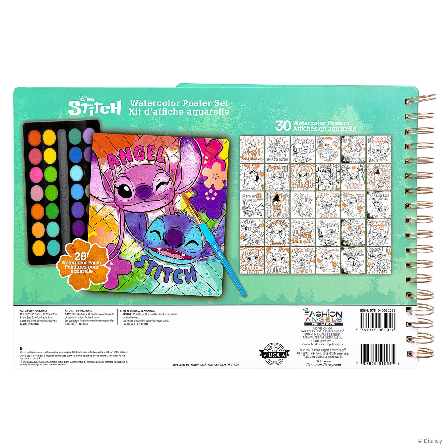 Fashion Angels Stitch Watercolor Poster Set, Includes 30 Page Spiral Bound Watercolor Sketchbook, Kids Paint Brush, 28 Washable Watercolors for Kids, Teen Girls & Boys