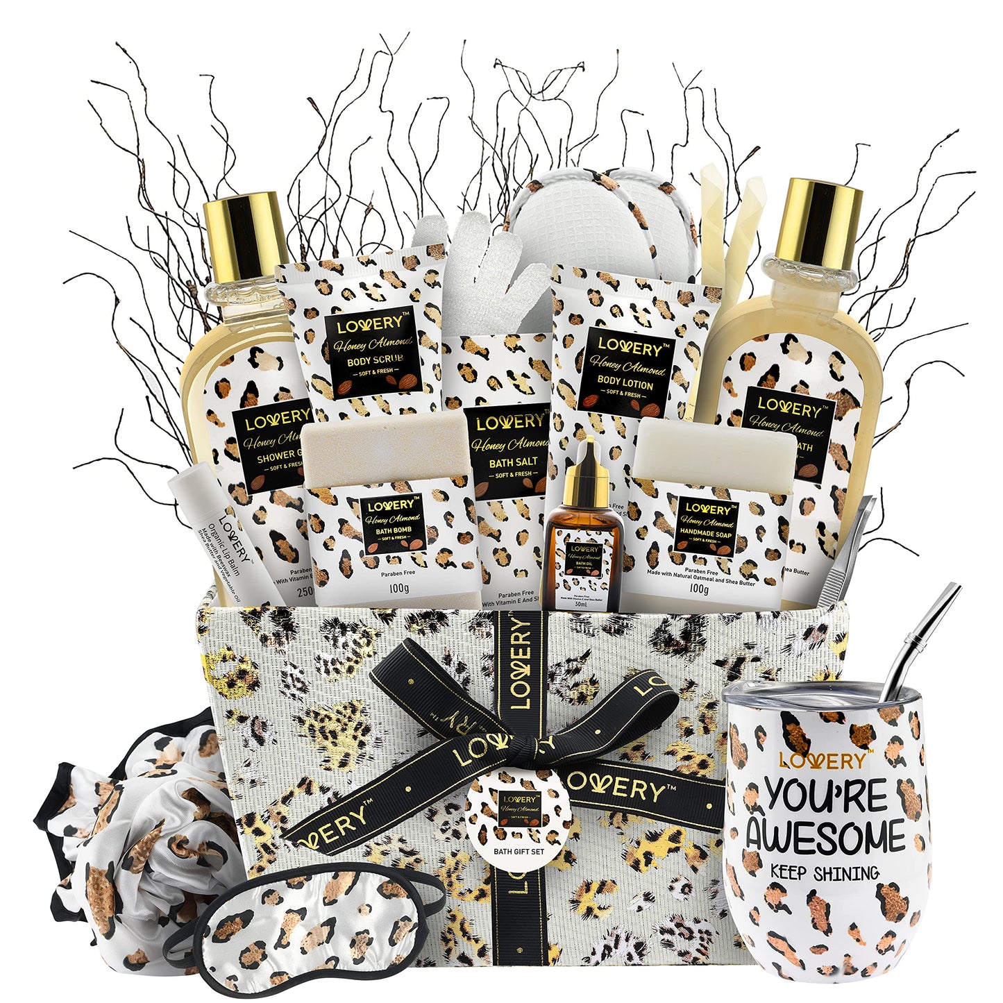 Valentines At-Home Spa Kit with Honey Almond Scent, Bath Gift Basket - Vit E-Rich Bath Essentials, Tumbler, Ear Candles, Bath Oil, Salts, Shower Steamer, Organic Lip Balm & More in Leopard Basket, 21