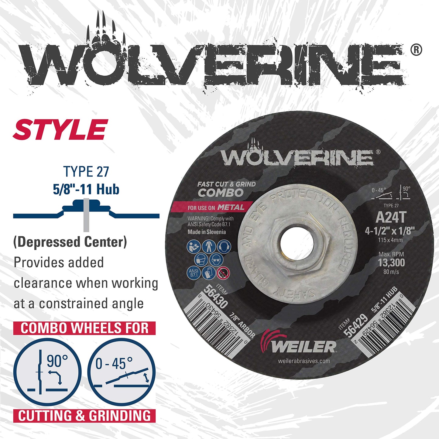 Weiler 56429 Wolverine Type 27 Cut and Grind Combo Wheel, A24T, 5/8" 11 UNC Nut, 4 1/2" x 1/8", Aluminum Oxide, 4.5" Diameter (Pack of 10)