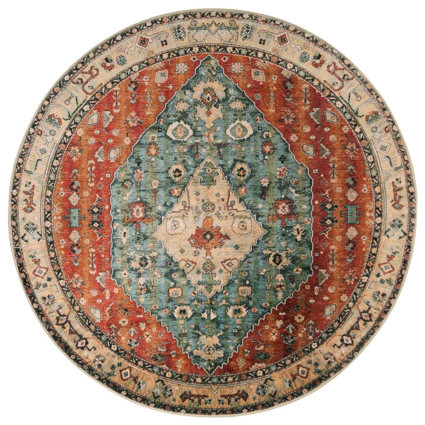 Lahome Boho Tribal Round Rug 4ft Washable Bedroom Round Area Rugs for Entryway, Soft Living Room Circular Rugs, Oriental Non-Slip Foyer Throw Mat Carpet for Nursery Kitchen (Rust/Dull Teal,4ft-Round)