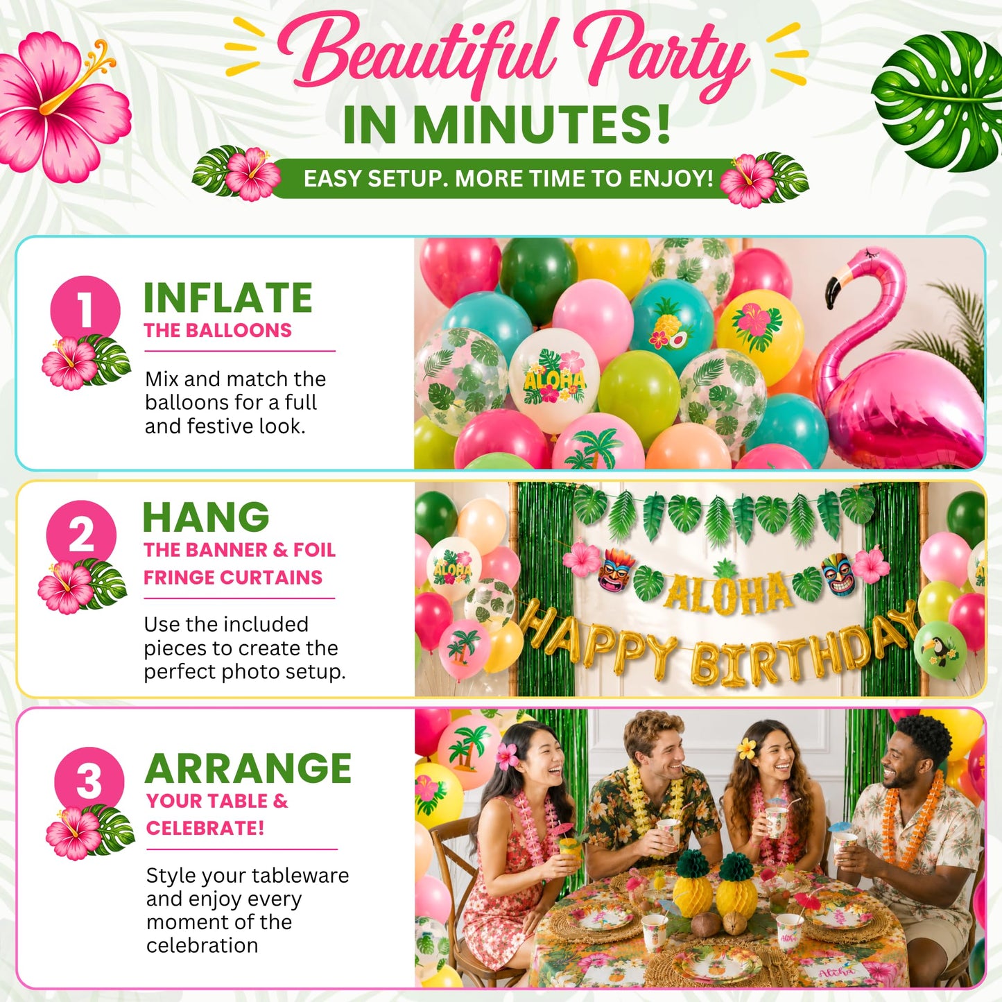 RainMeadow Premium Luau Birthday Party Decorations Set for 25 guests - Hawaiian Theme with Aloha Banner, Balloons, Flamingo, Tableware - Tropical Luau Party Supplies