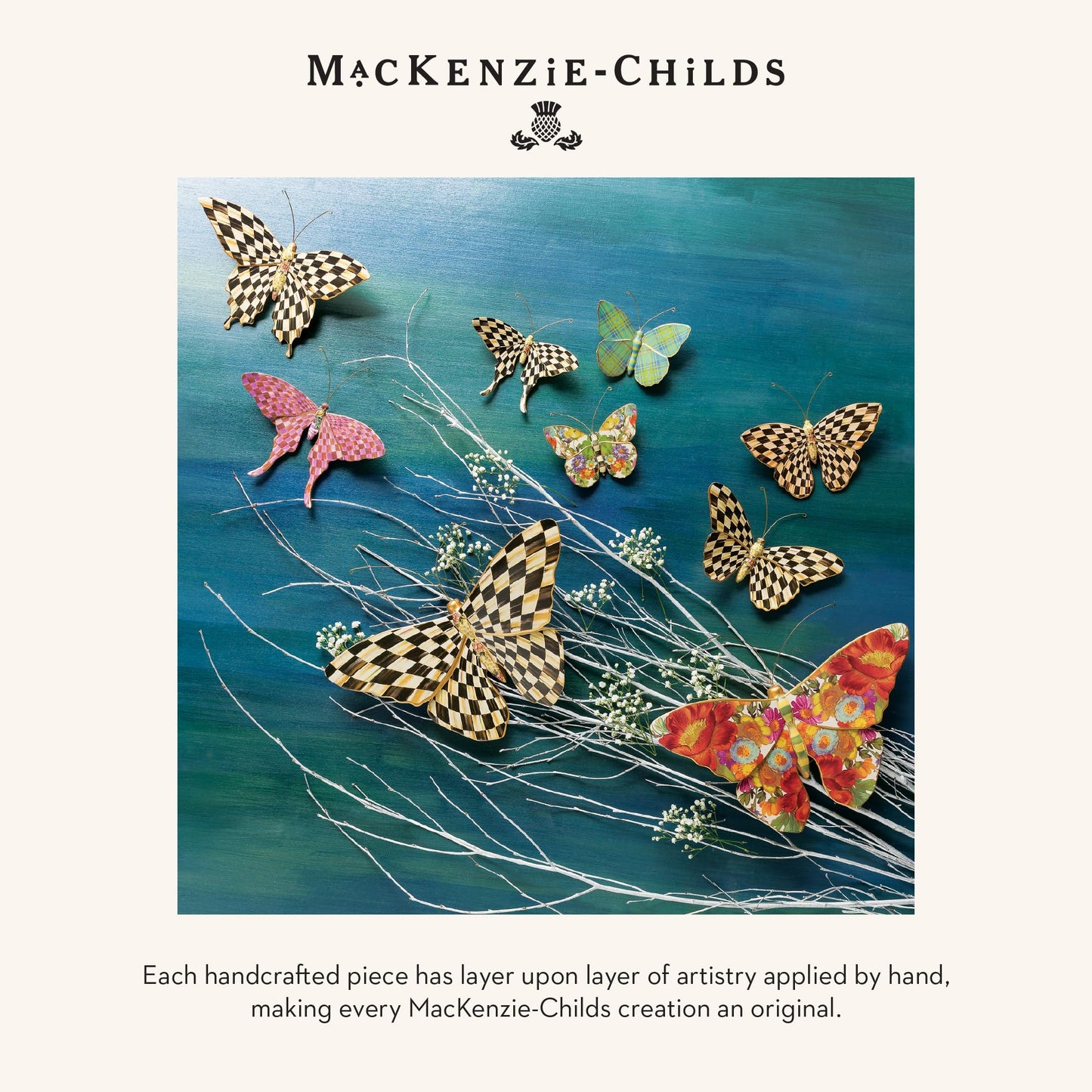 MACKENZIE-CHILDS Set of 3 Decorative Magnets, Magnetic Art for Metal Items and Refrigerator Decor, Courtly Check Butterfly