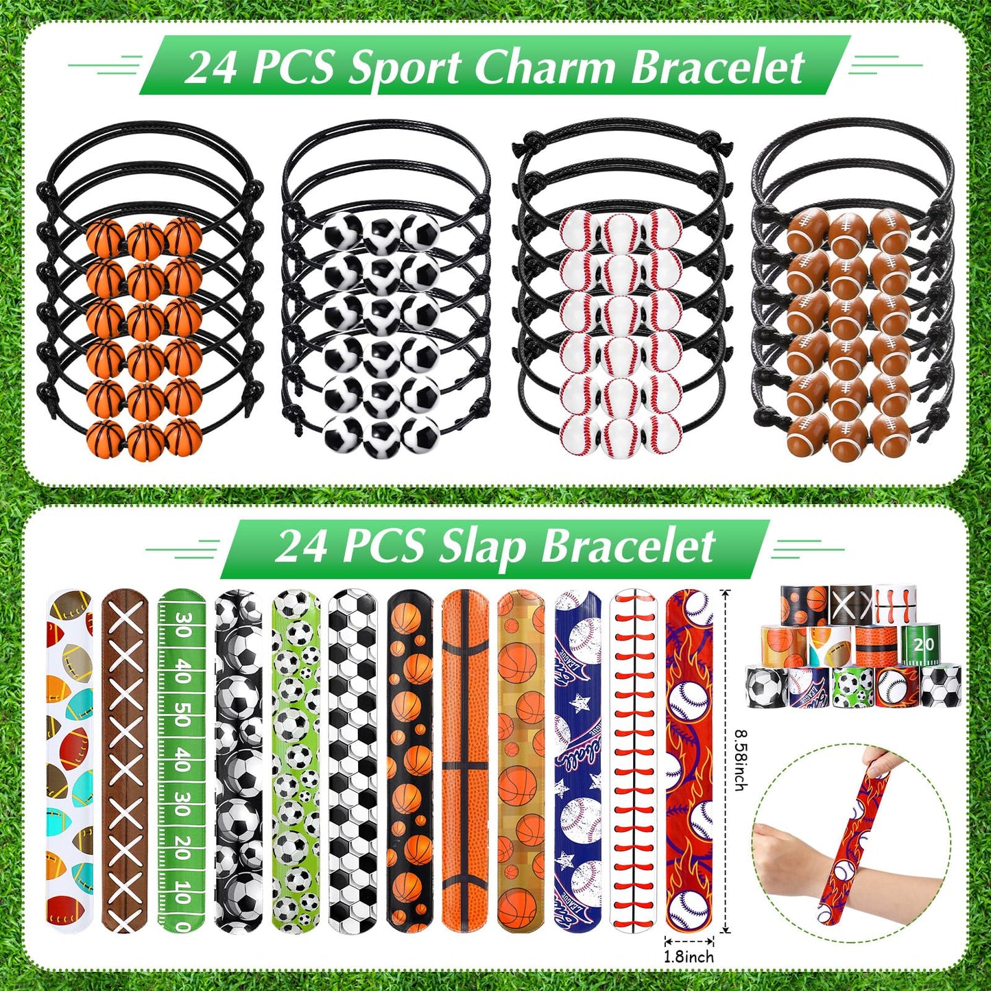 Aoriher 120 Pcs Sport Balls Party Favors Set Serve 24, Basketball Football Soccer Goodie Foam Finger Mini Stress Ball Slap Bracelet Charm Bracelet Stamp for Kids Party Supplies