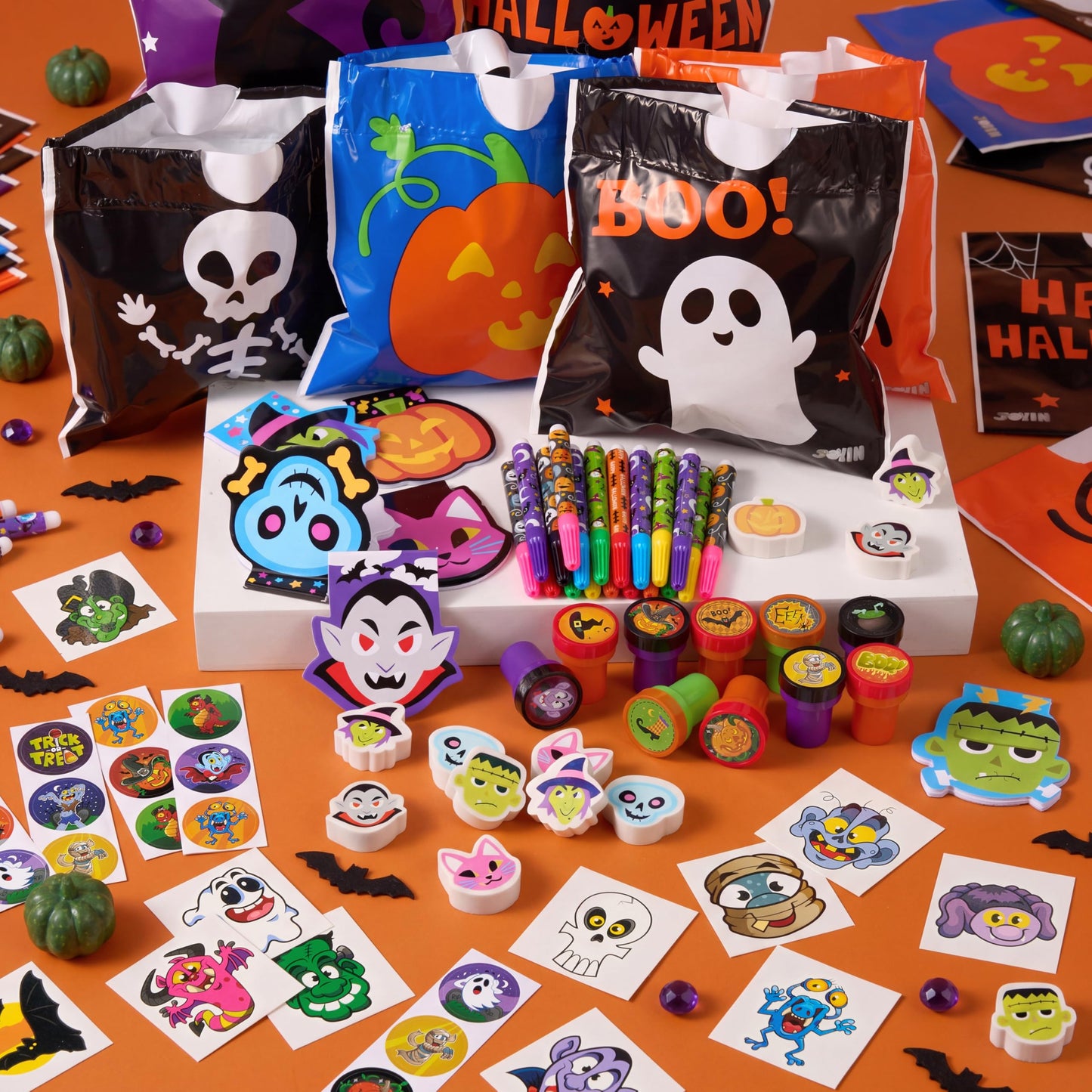 168 Pcs 24 Pack Assorted Halloween Art and Craft Stationery Kids Gift Set Trick or Treat Party Favor Toy Including Halloween Bag, Notepads, Stamps, Pencils, Stickers and Temporary Tattoos