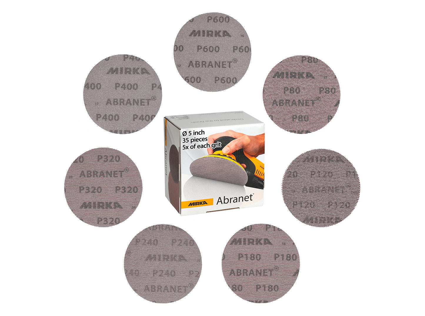 Mirka Abranet Net Discs / 5 inch / 35 pcs Mix-Pack Assorted 5 of Each Grit 80, 120, 180, 240, 320, 400, 600 / Mesh Sandpaper Sanding Disc Hook and Loop / 9A-232-AP