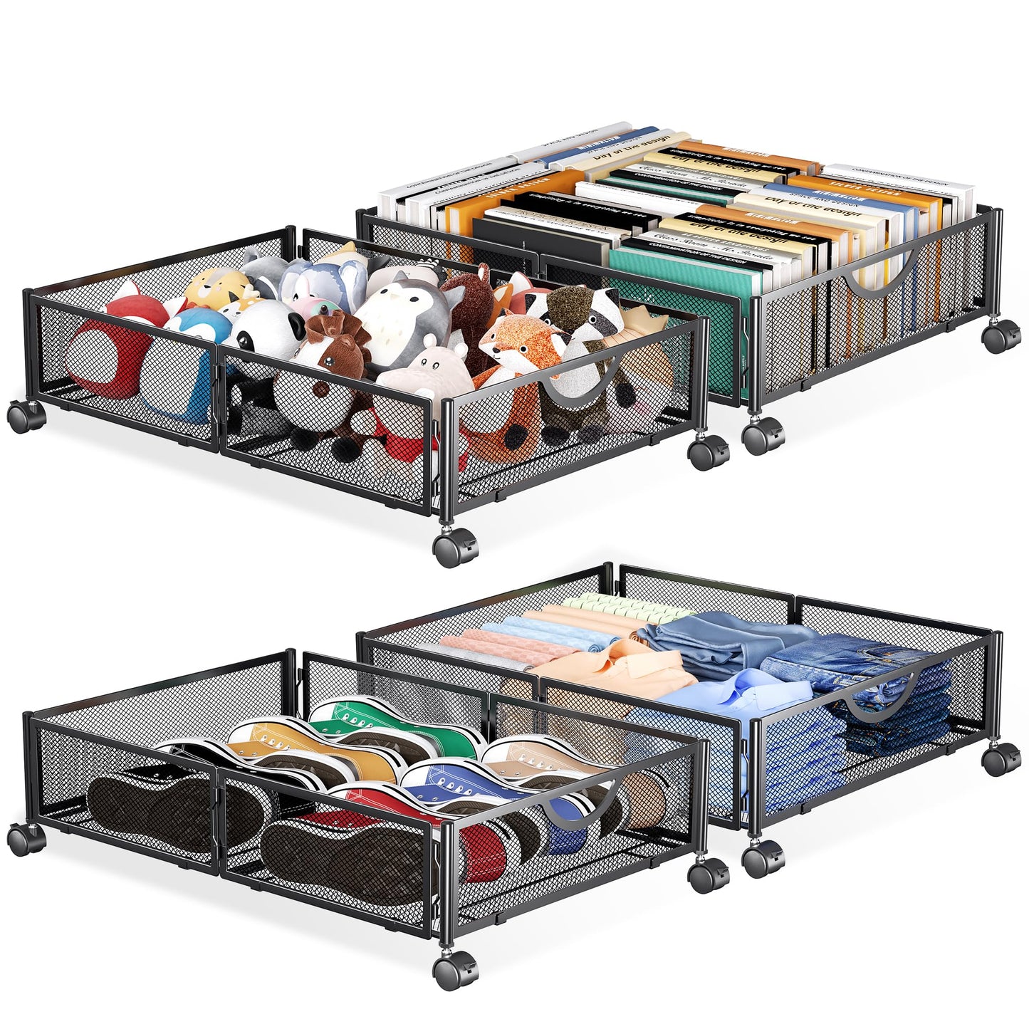 Yecaye Under Bed Storage with Wheels, 4 Pack Under Bed Shoe Storage Organizer Drawer, Tool-free Assembly Metal Underbed Storage Containers for Clothes, Shoes, Toys, Black