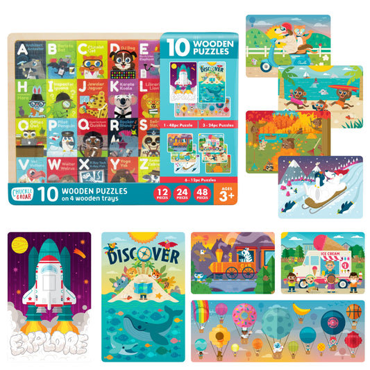 Chuckle & Roar - 10 Pk Wooden Jigsaw Puzzle - Engaging and Educational Puzzles for Kids - Larger Pieces Designed for Preschool Hands - 12-48 Piece Puzzles