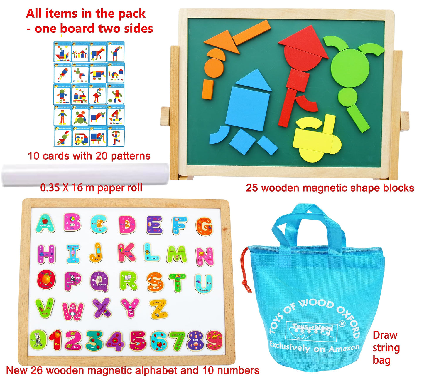 Wooden Easel for Children Foldable Double Magnetic Boards Magnetic Shapes Letters Numbers and Paper roll Kids Art Easel -Table Top Magnetic Board for Kids