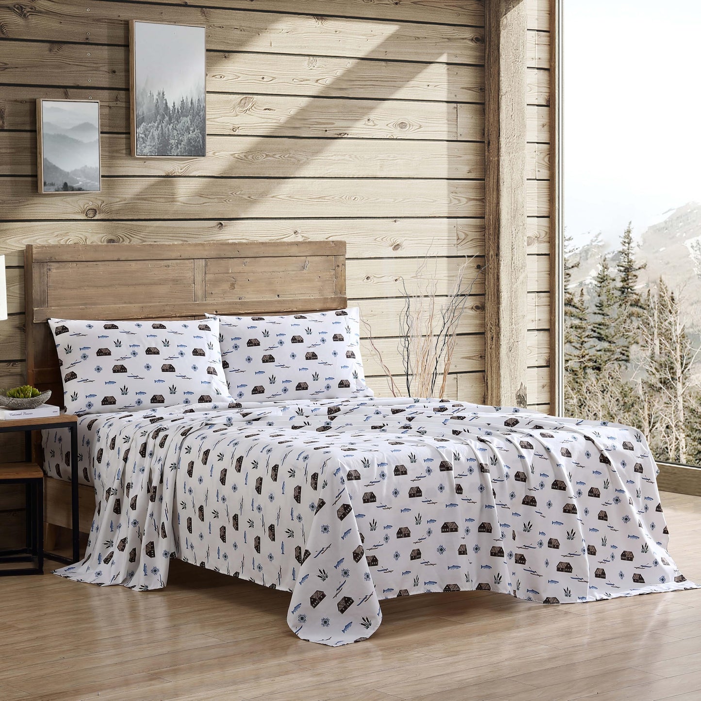 Beatrice Home Fashions Cozy Cabin 4-Piece Full Microfiber Bedding Sheet Set with Deep Pockets Rustic Patchwork Plaid Deer, Lake Day