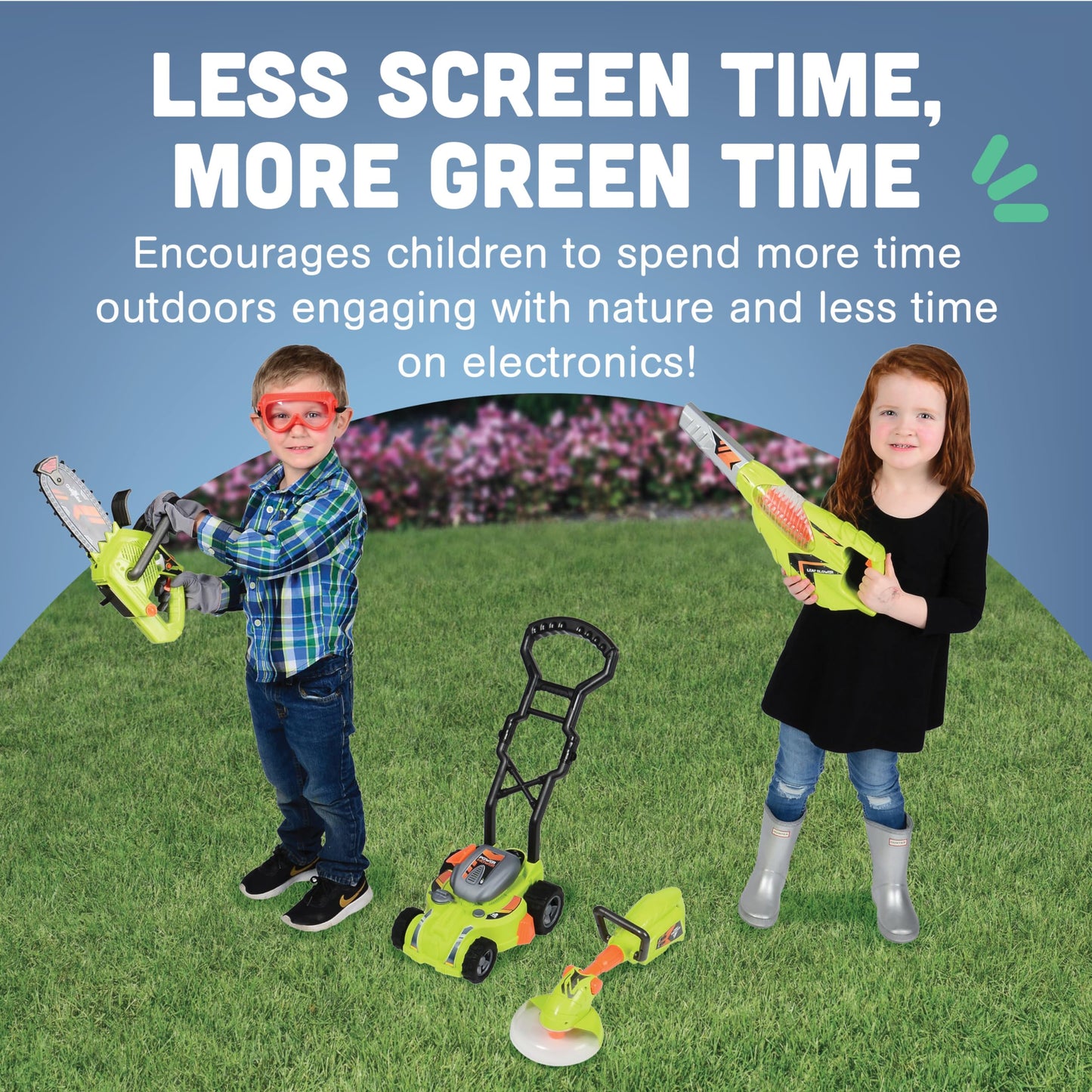 CP Toys 6-Piece Power Gardening Toy Set for Kids Ages 3+, Child Size Indoor/Outdoor Play Kids Tool Set with Leaf Blower, Chainsaw, Lawn Mower, and More, Green